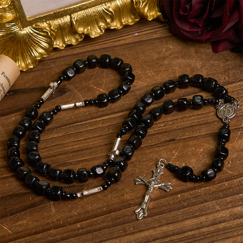 Christianartworkshop Rosario con medalla de San Benito y crucifijo de cuentas redondas de madera negra de 8 mm. - image 1