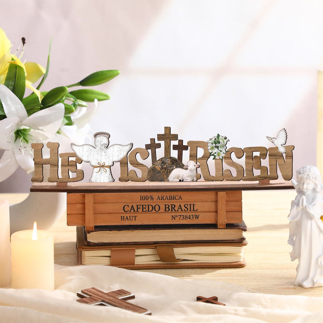 Christianartworkshop Adorno de madera para escritorio con diseño de "Ha resucitado", cordero, ángel y paloma, ideal para Pascua. - Él ha resucitado - image 0