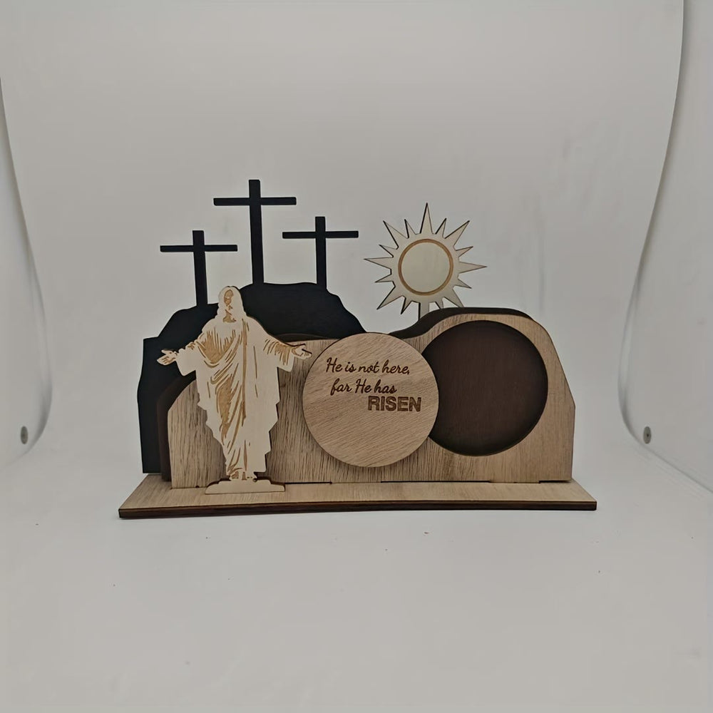 Christianartworkshop Juego de 7 piezas: Cruz de Jesús de madera con la inscripción "Ha resucitado" para decoración de escritorio en Pascua. - image 1
