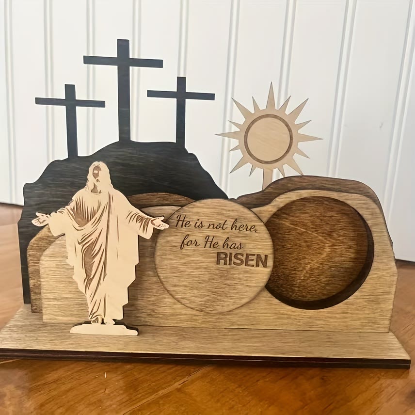 Christianartworkshop Juego de 7 piezas: Cruz de Jesús de madera con la inscripción "Ha resucitado" para decoración de escritorio en Pascua. - Juego de 7 piezas - image 0