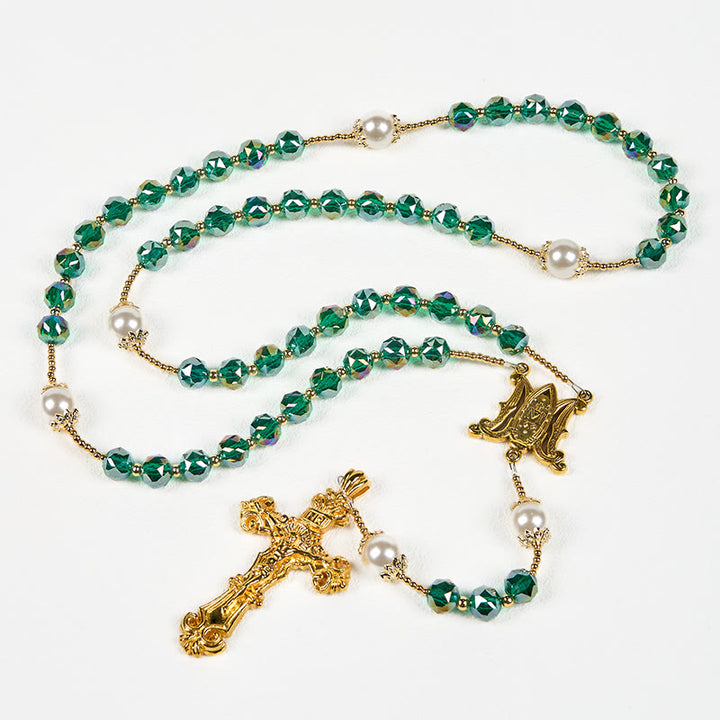 Christianartworkshop Rosario de la Divina Gracia con cuentas de cristal verde esmeralda y perlas, hecho a mano. - Verde esmeralda - image 0
