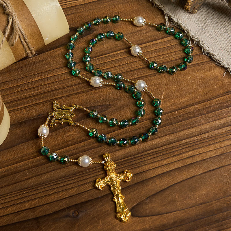Christianartworkshop Rosario de la Divina Gracia con cuentas de cristal verde esmeralda y perlas, hecho a mano. - image 5