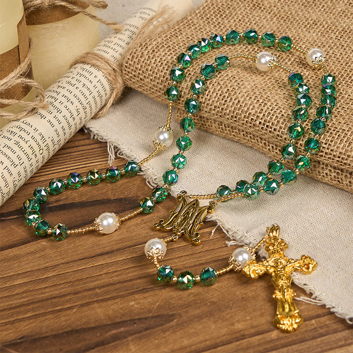 Christianartworkshop Rosario de la Divina Gracia con cuentas de cristal verde esmeralda y perlas, hecho a mano. - image 3
