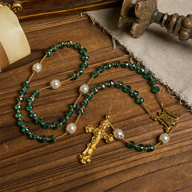 Christianartworkshop Rosario de la Divina Gracia con cuentas de cristal verde esmeralda y perlas, hecho a mano. - image 10