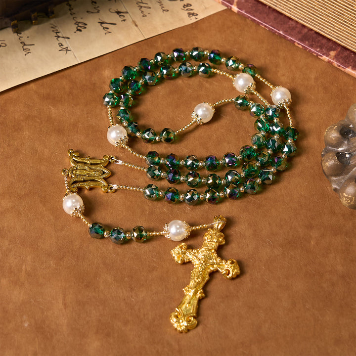 Christianartworkshop Rosario de la Divina Gracia con cuentas de cristal verde esmeralda y perlas, hecho a mano. - image 2