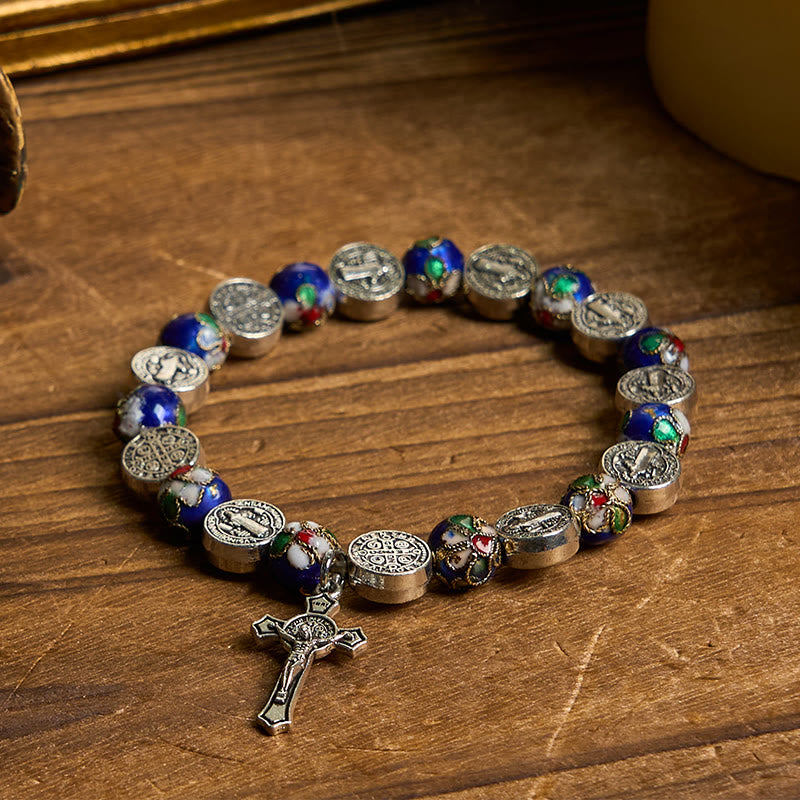 Christianartworkshop Pulsera de cuentas de cloisonné azul hechas a mano con la inscripción "Bendición Divina": un símbolo de fe. - image 1