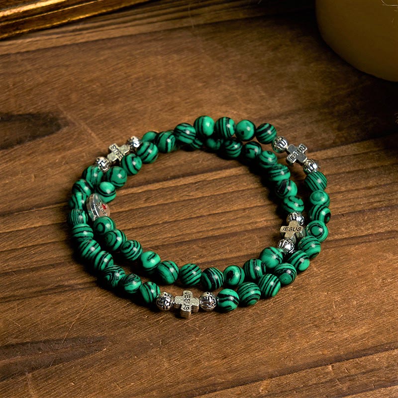 Christianartworkshop Pulsera de rosario con cruz de cuentas de malaquita verde "Amo a Jesús" - image 5