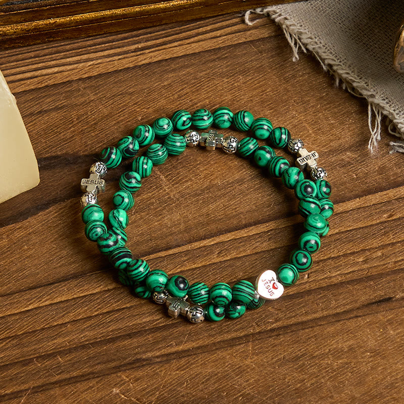 Christianartworkshop Pulsera de rosario con cruz de cuentas de malaquita verde "Amo a Jesús" - image 1