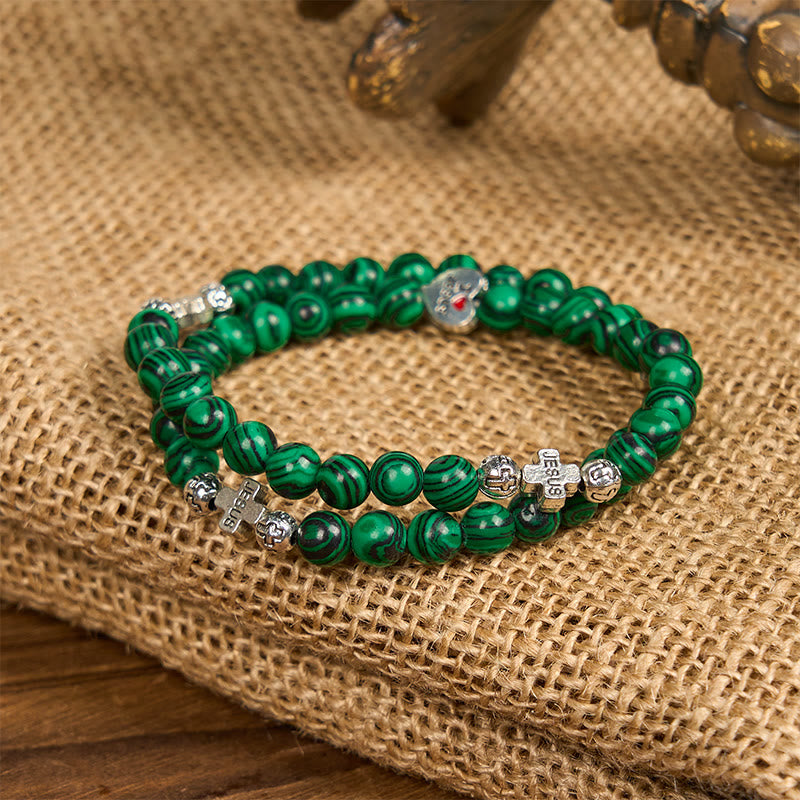 Christianartworkshop Pulsera de rosario con cruz de cuentas de malaquita verde "Amo a Jesús" - image 4