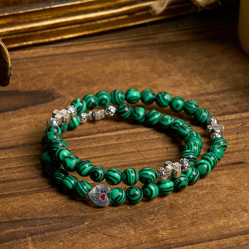Christianartworkshop Pulsera de rosario con cruz de cuentas de malaquita verde "Amo a Jesús" - Malaquita - image 0