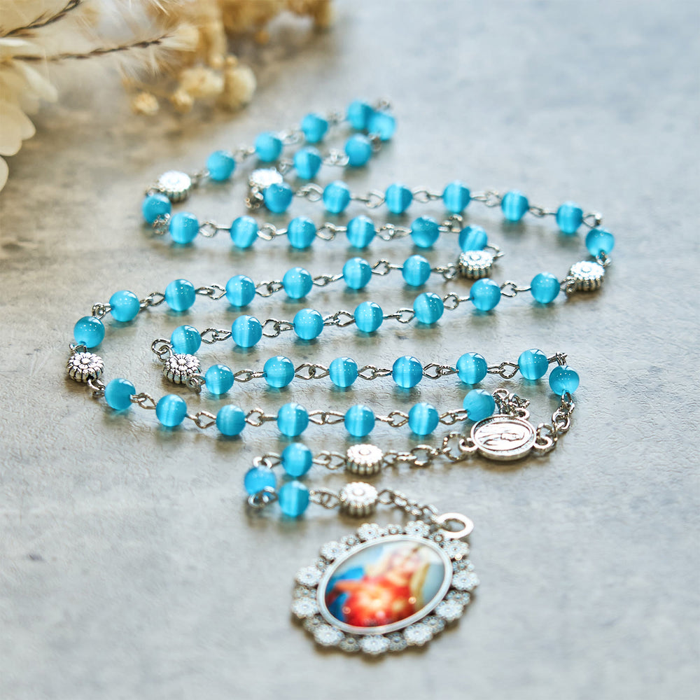 Christianartworkshop Rosario de los Siete Dolores con cuentas de vidrio brillantes de 6 mm del Inmaculado Corazón de María, color azul lago. - image 1