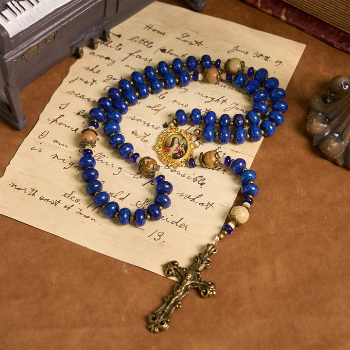 Christianartworkshop Rosario hecho a mano con medalla y crucifijo de Santa Teresa de Lisieux, 8*10 mm, lapislázuli oblado y piedra con mapa. - Cuentas de ábaco de lapislázuli - image 0