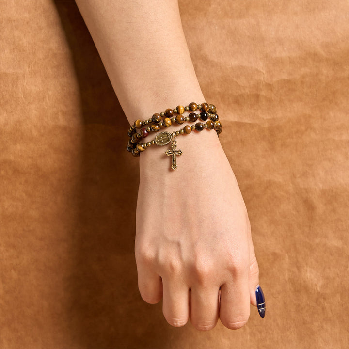 Christianartworkshop FE EN LA ORACIÓN: Pulsera de rosario elástica hecha a mano con piedra ojo de tigre - image 3