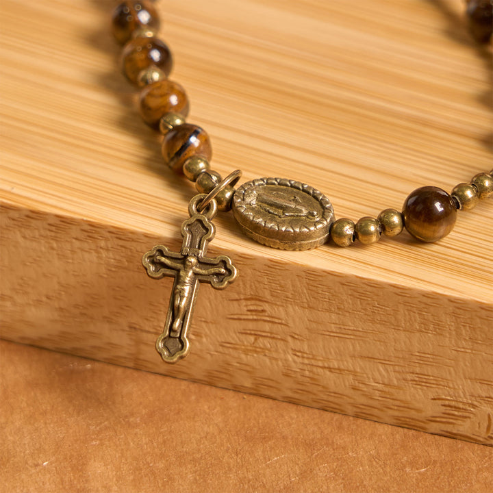 Christianartworkshop Pulsera de rosario elástica hecha a mano con piedra ojo de tigre: una joya espiritual de doble propósito. - image 5