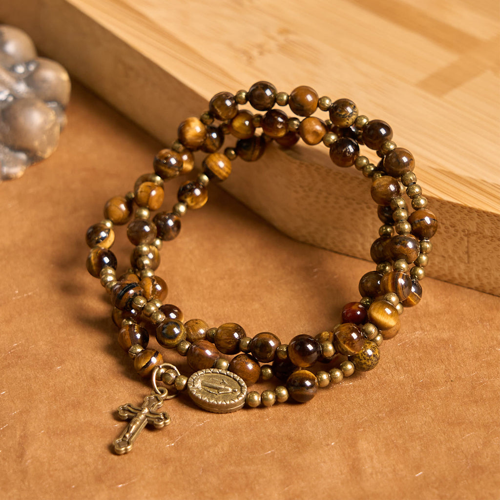 Christianartworkshop Pulsera de rosario elástica hecha a mano con piedra ojo de tigre: una joya espiritual de doble propósito. - Piedra ojo de tigre - image 0