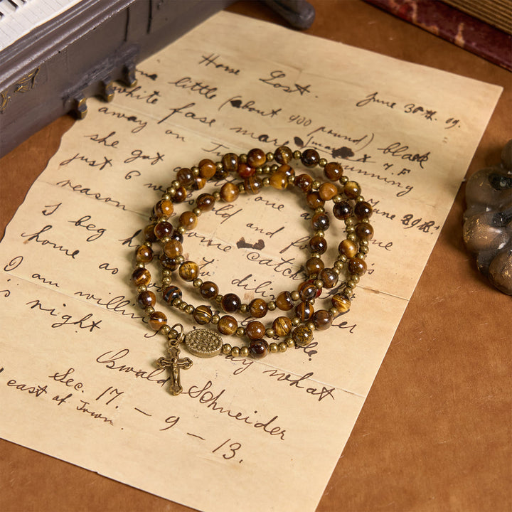 Christianartworkshop FE EN LA ORACIÓN: Pulsera de rosario elástica hecha a mano con piedra ojo de tigre - image 8