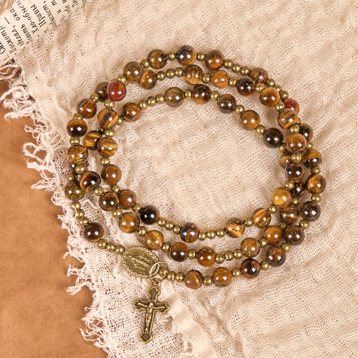 Christianartworkshop FE EN LA ORACIÓN: Pulsera de rosario elástica hecha a mano con piedra ojo de tigre - image 7
