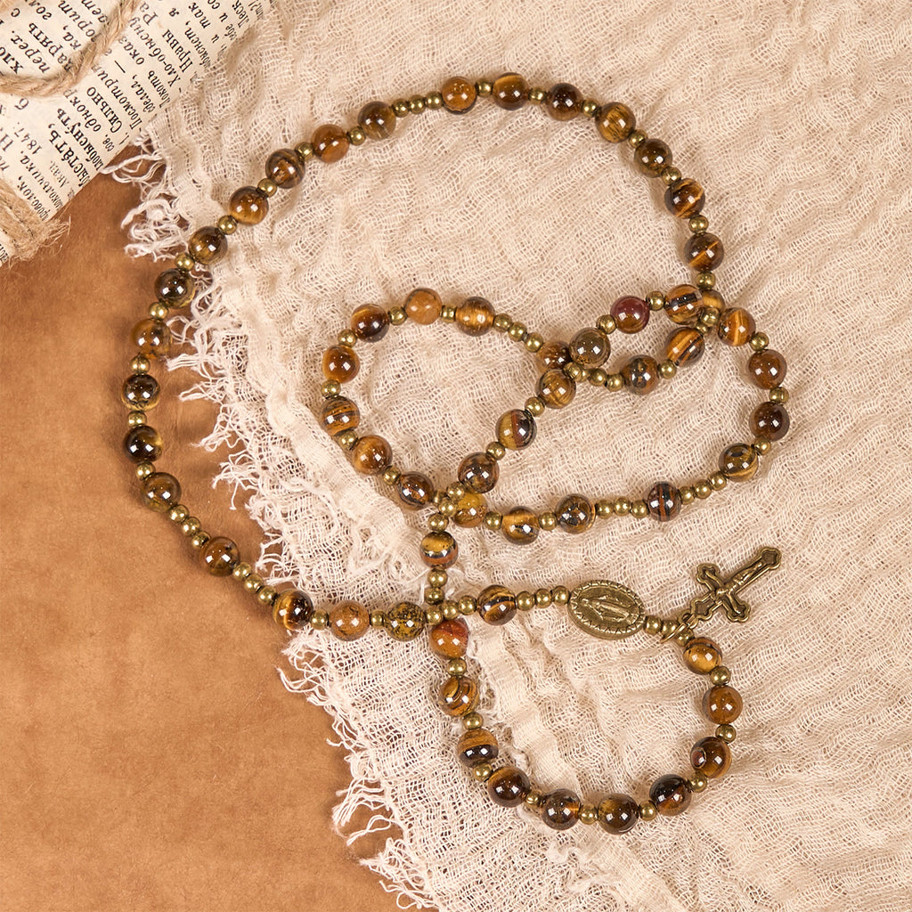 Christianartworkshop Pulsera de rosario elástica hecha a mano con piedra ojo de tigre: una joya espiritual de doble propósito. - image 3