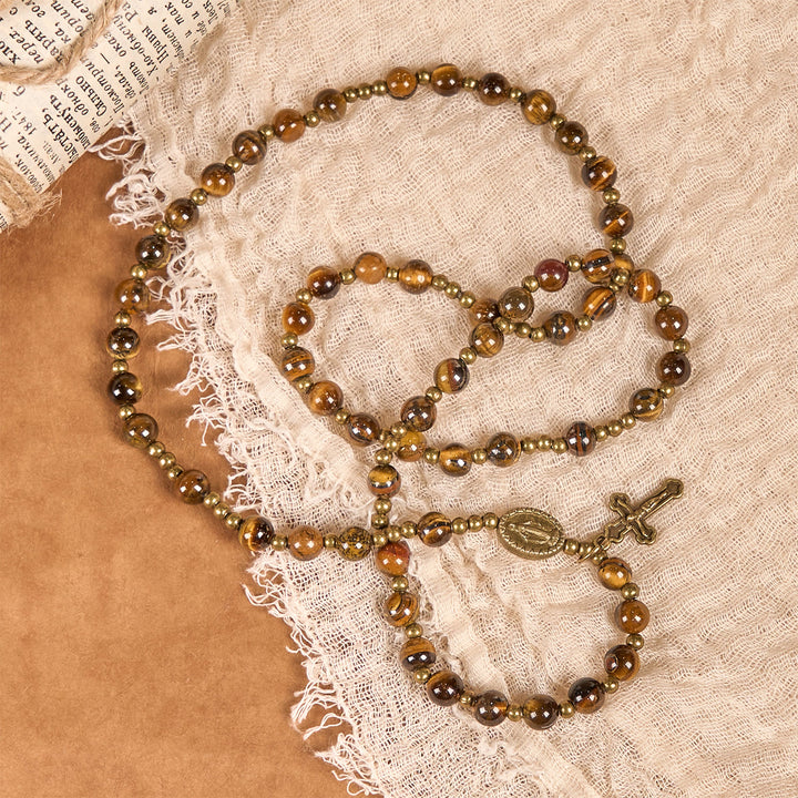 Christianartworkshop Pulsera de rosario elástica hecha a mano con piedra ojo de tigre: una joya espiritual de doble propósito. - image 3
