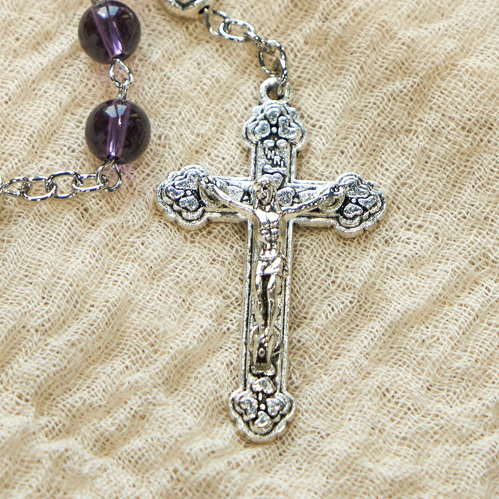 Christianartworkshop Rosario devocional con cuentas de vidrio morado transparente y rosa para el Padre Nuestro. - image 4
