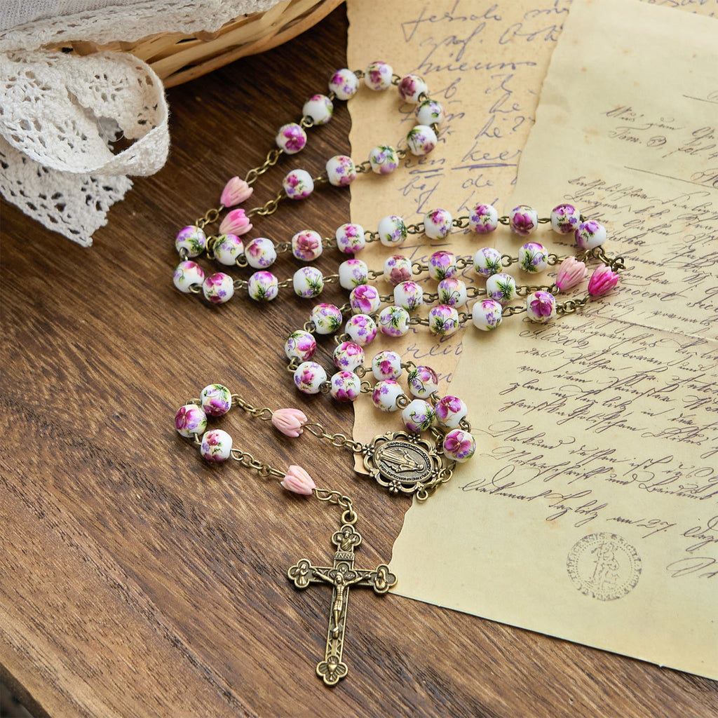 Christianartworkshop Rosario artesanal con medalla milagrosa y crucifijo de cuentas de cerámica de 8 mm y cuentas de resina con forma de flor. - Medalla Milagrosa y Crucifijo - image 0