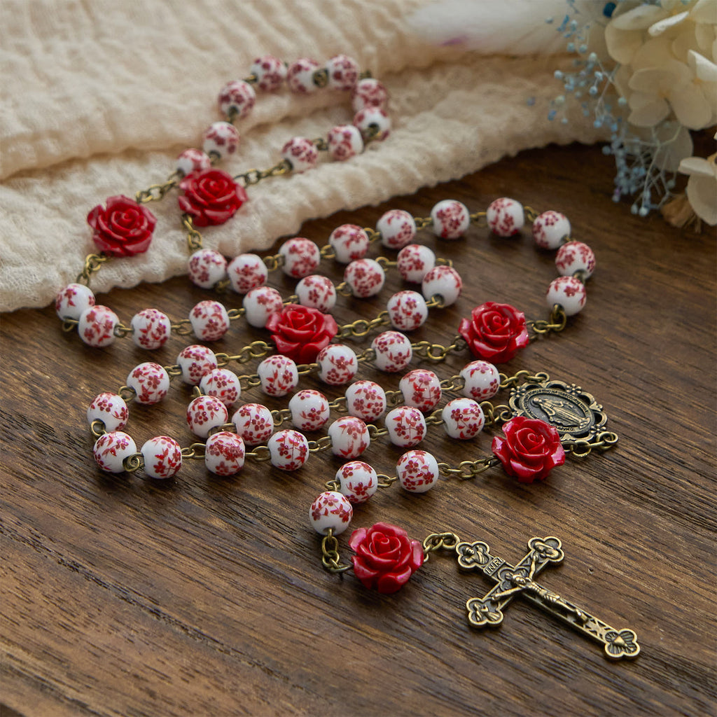 Christianartworkshop Rosario artesanal con medalla milagrosa y crucifijo de cuentas de cerámica de 8 mm y cuentas de cinabrio rosa. - image 1