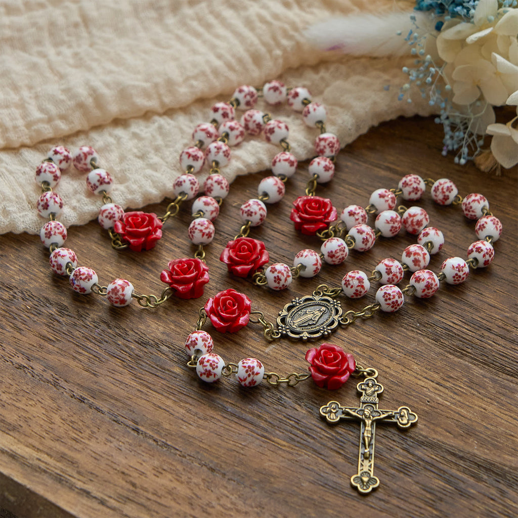 Christianartworkshop Rosario artesanal con medalla milagrosa y crucifijo de cuentas de cerámica de 8 mm y cuentas de cinabrio rosa. - Medalla Milagrosa y Crucifijo - image 0
