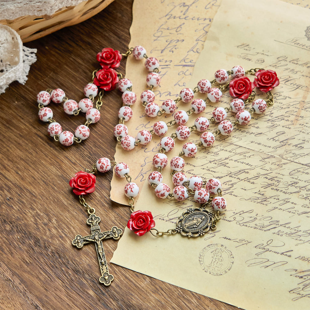 Christianartworkshop Rosario artesanal con medalla milagrosa y crucifijo de cuentas de cerámica de 8 mm y cuentas de cinabrio rosa. - image 4