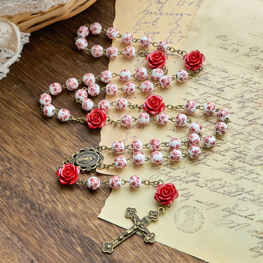 Christianartworkshop Rosario artesanal con medalla milagrosa y crucifijo de cuentas de cerámica de 8 mm y cuentas de cinabrio rosa. - image 3