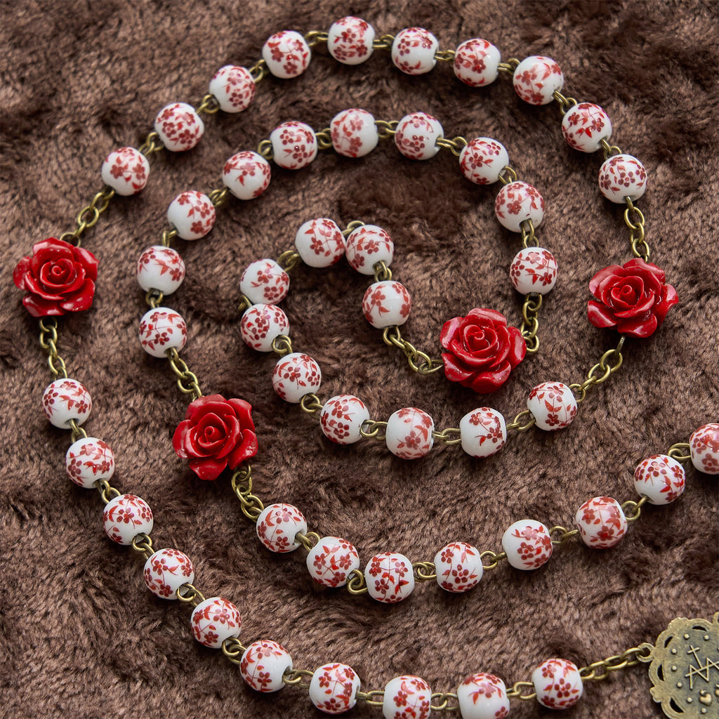 Christianartworkshop Rosario artesanal con medalla milagrosa y crucifijo de cuentas de cerámica de 8 mm y cuentas de cinabrio rosa. - image 2