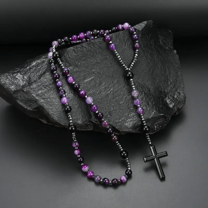 Christianartworkshop Rosario con cruz de piedra natural de ágata púrpura de 8 mm - Ágata púrpura - image 0