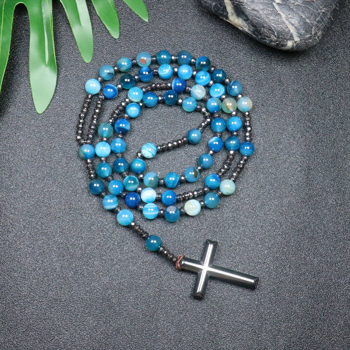 Christianartworkshop Rosario con cruz de hierro y cuentas de piedra natural de ágata azul rayada de 8 mm - Ágata azul rayada - image 0