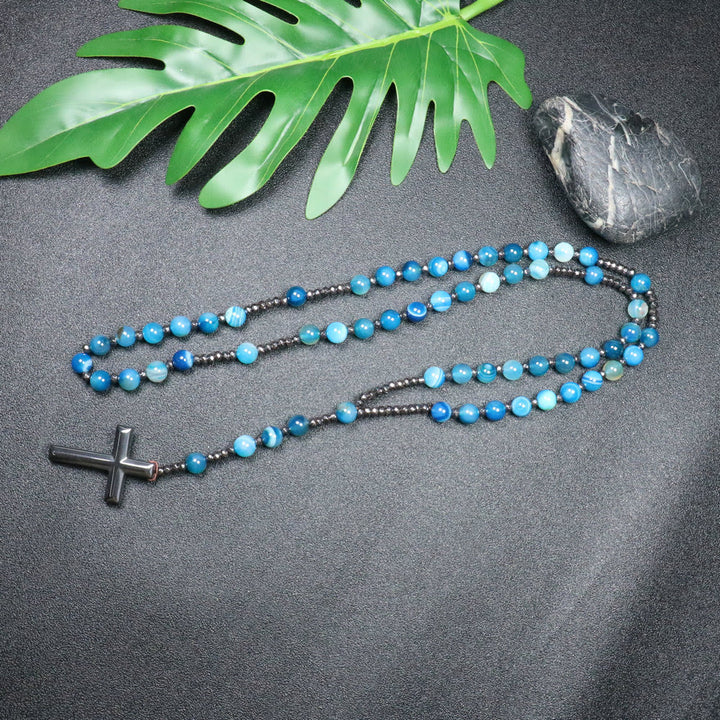 Christianartworkshop Rosario con cruz de hierro y cuentas de piedra natural de ágata azul rayada de 8 mm - image 1