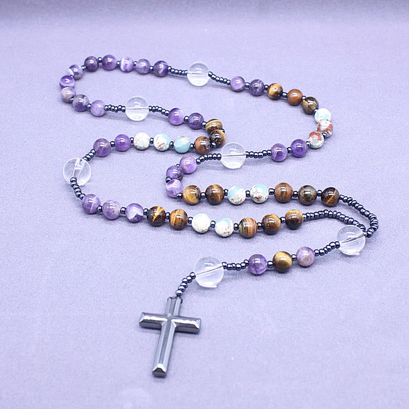 Christianartworkshop Rosario con cruz de ágata, piedra ojo de tigre y amatista natural de 8 mm - 8 mm - image 0