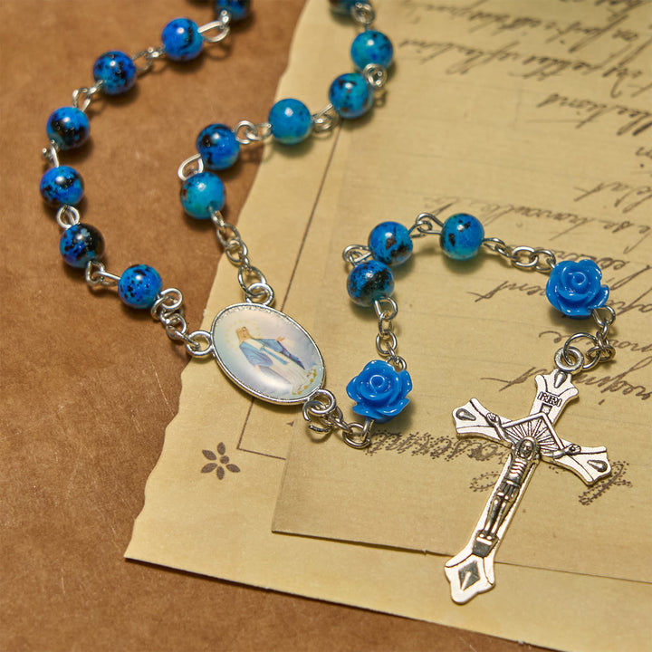 Christianartworkshop Rosa de cuentas de piedra azul real, Medalla Milagrosa y Rosario con crucifijo - image 1