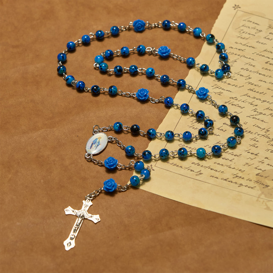 Christianartworkshop Rosa de cuentas de piedra azul real, Medalla Milagrosa y Rosario con crucifijo - image 2