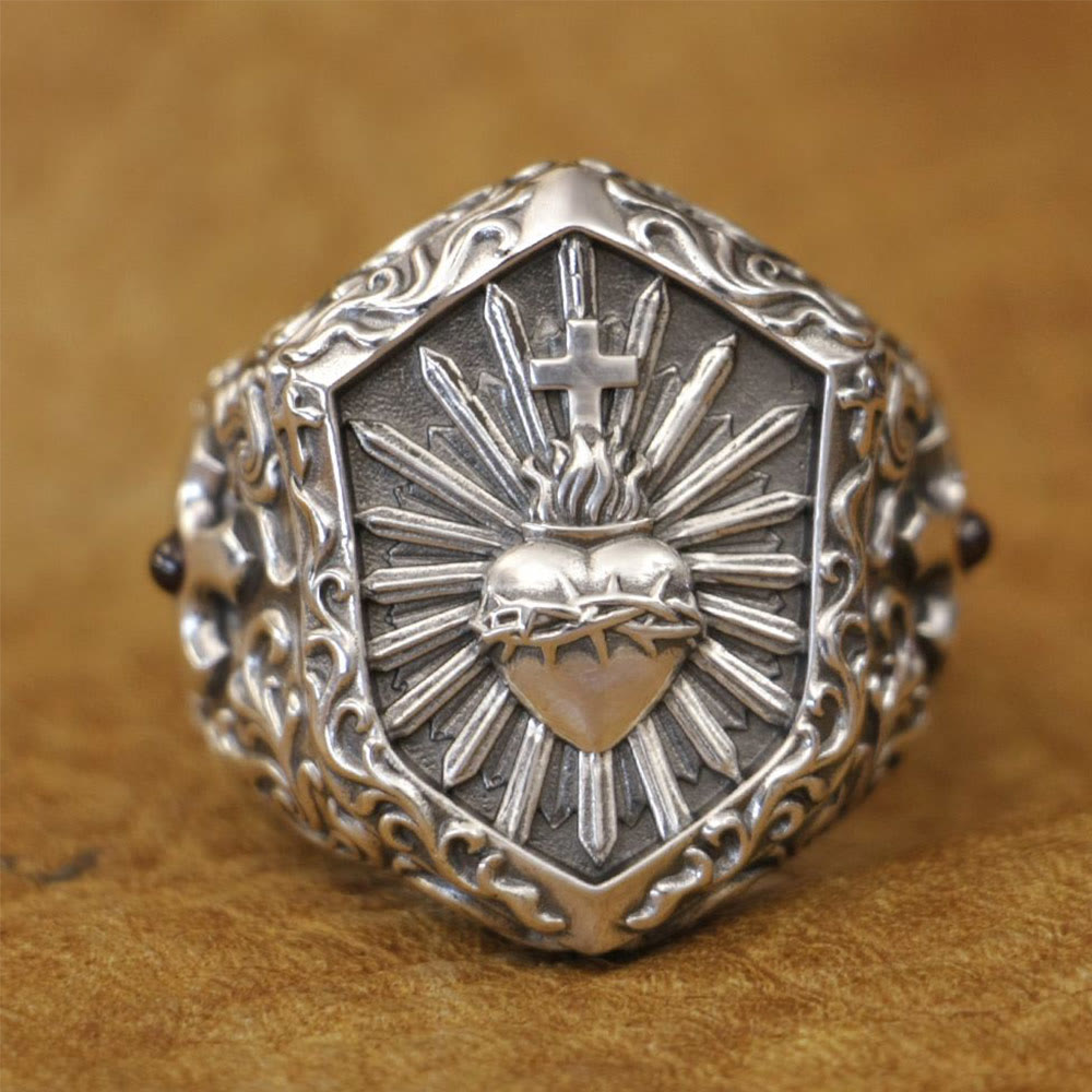 Christianartworkshop Anillo vintage de plata de ley 925 con cruz de corazón espinoso: un preciado símbolo de amor espiritual. - US 15 - image 0