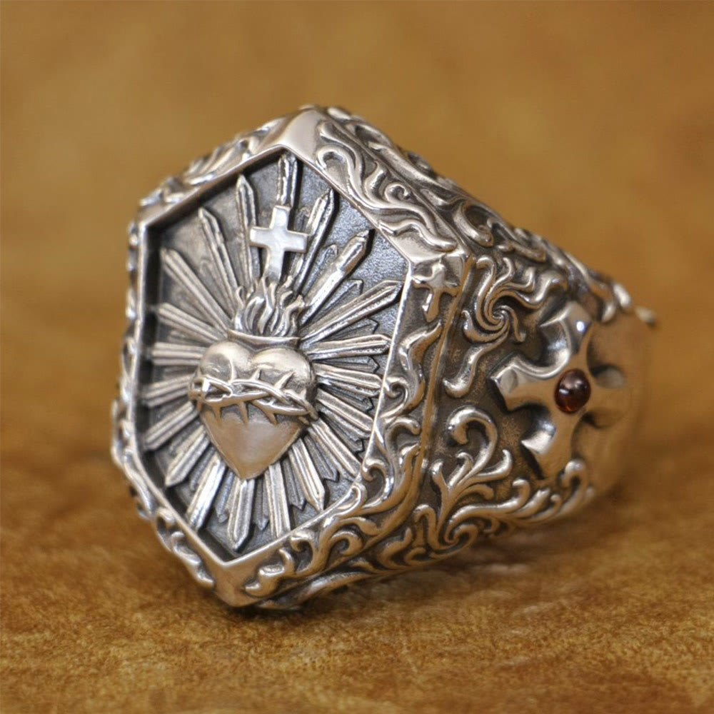 Christianartworkshop Anillo vintage de plata de ley 925 con cruz de corazón espinoso: un preciado símbolo de amor espiritual. - image 1