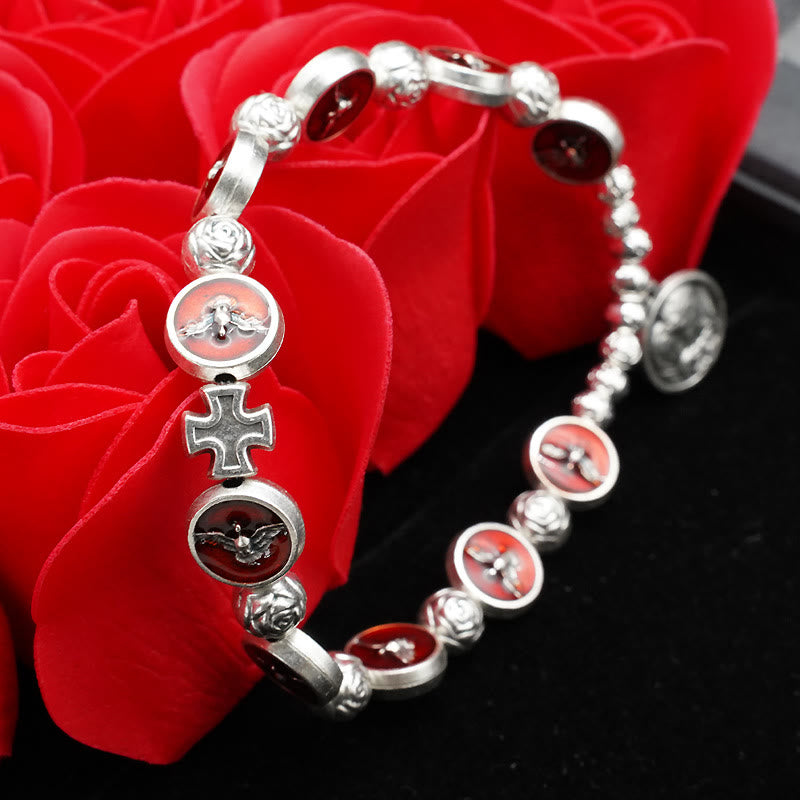 Christianartworkshop Pulsera de cuentas esmaltadas del Espíritu Santo con cruz y rosa: un preciado símbolo de protección divina. - image 1