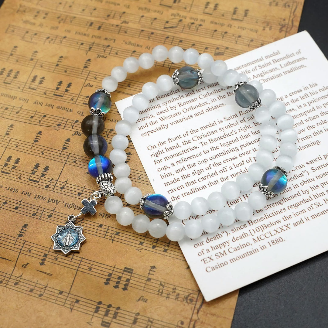 Christianartworkshop Pulsera minimalista ajustable con piedras ojo de gato multicolores y medalla milagrosa - Gris - image 0