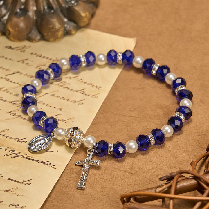 Christianartworkshop Pulsera elástica moderna de cristal transparente con crucifijo y medalla milagrosa: una declaración de fe contemporánea. - Azul - image 21
