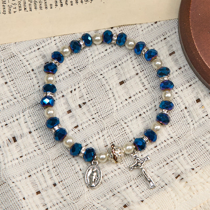 Christianartworkshop Pulsera elástica moderna de cristal transparente con crucifijo y medalla milagrosa: una declaración de fe contemporánea. - image 12