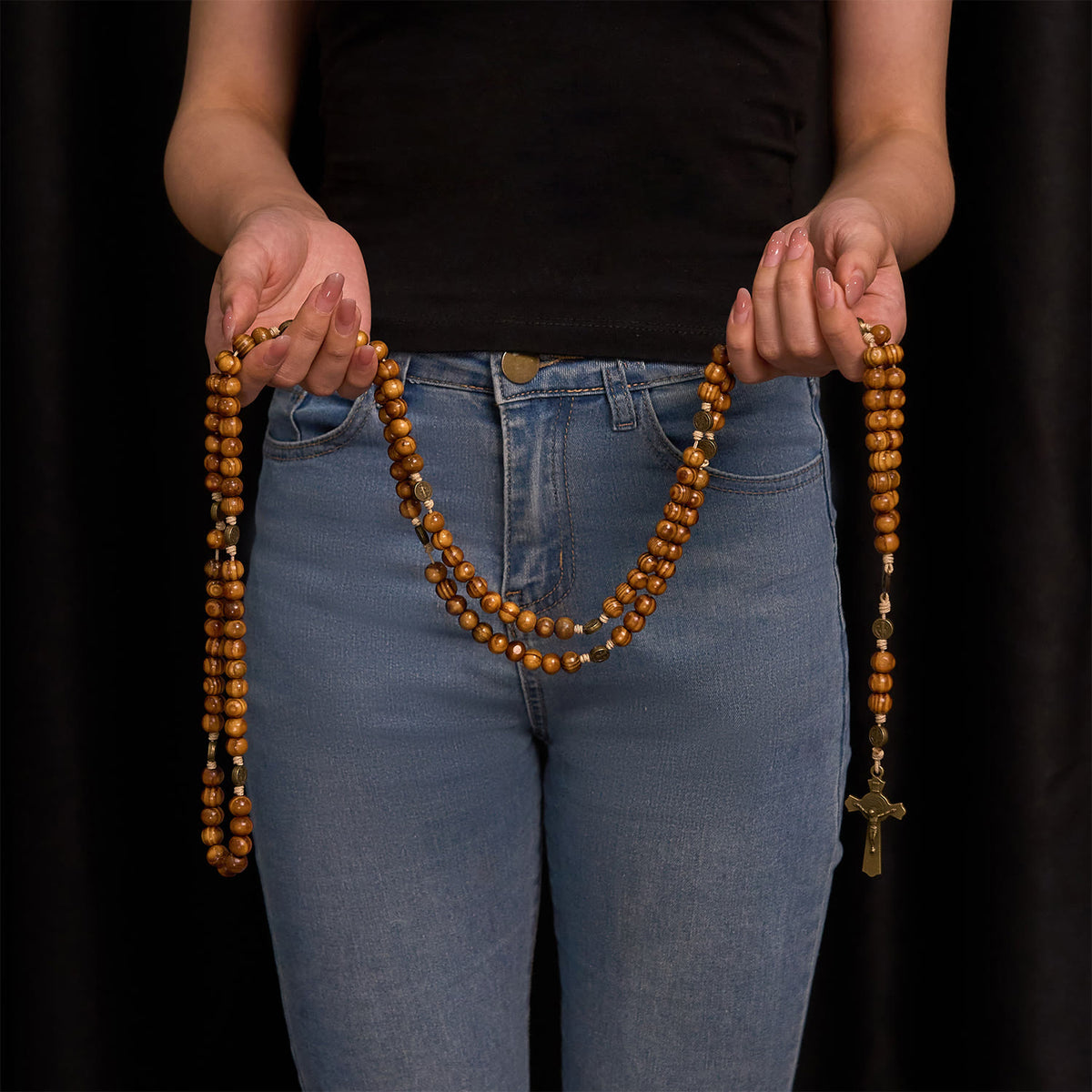 Christianartworkshop Rosario de madera de olivo de la década 15/20 con diseño de San Benito, crucifijo y cadena para la cintura: devoción divina en doble uso. - image 8