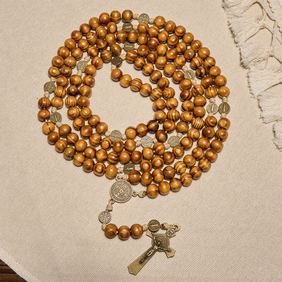 Christianartworkshop Rosario de madera de olivo de la década 15/20 con diseño de San Benito, crucifijo y cadena para la cintura: devoción divina en doble uso. - Década 15 - Caramelo - image 0