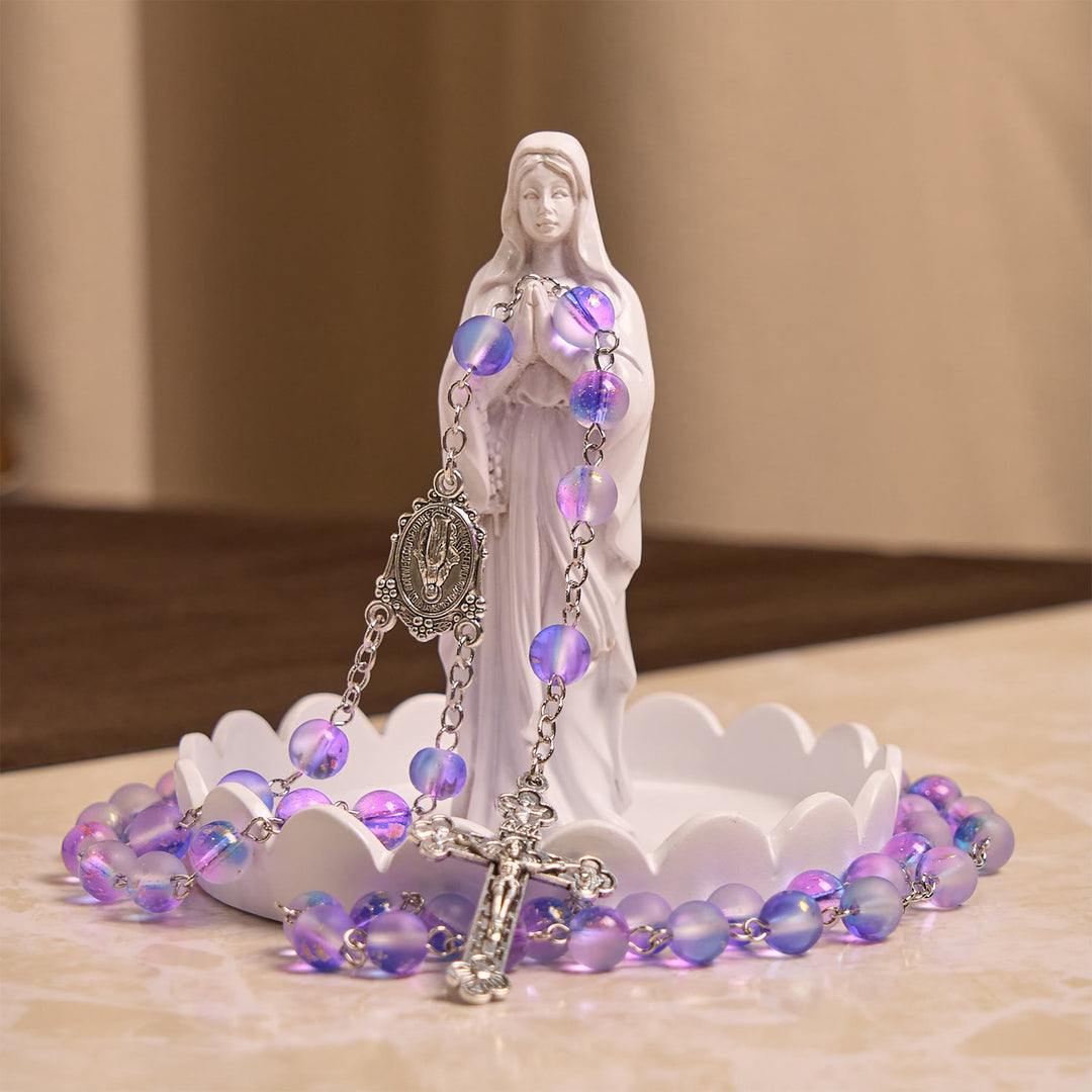 Christianartworkshop Rosario de cuentas de vidrio azul y morado esmerilado adornado con una medalla milagrosa: devoción en forma texturizada. - image 2