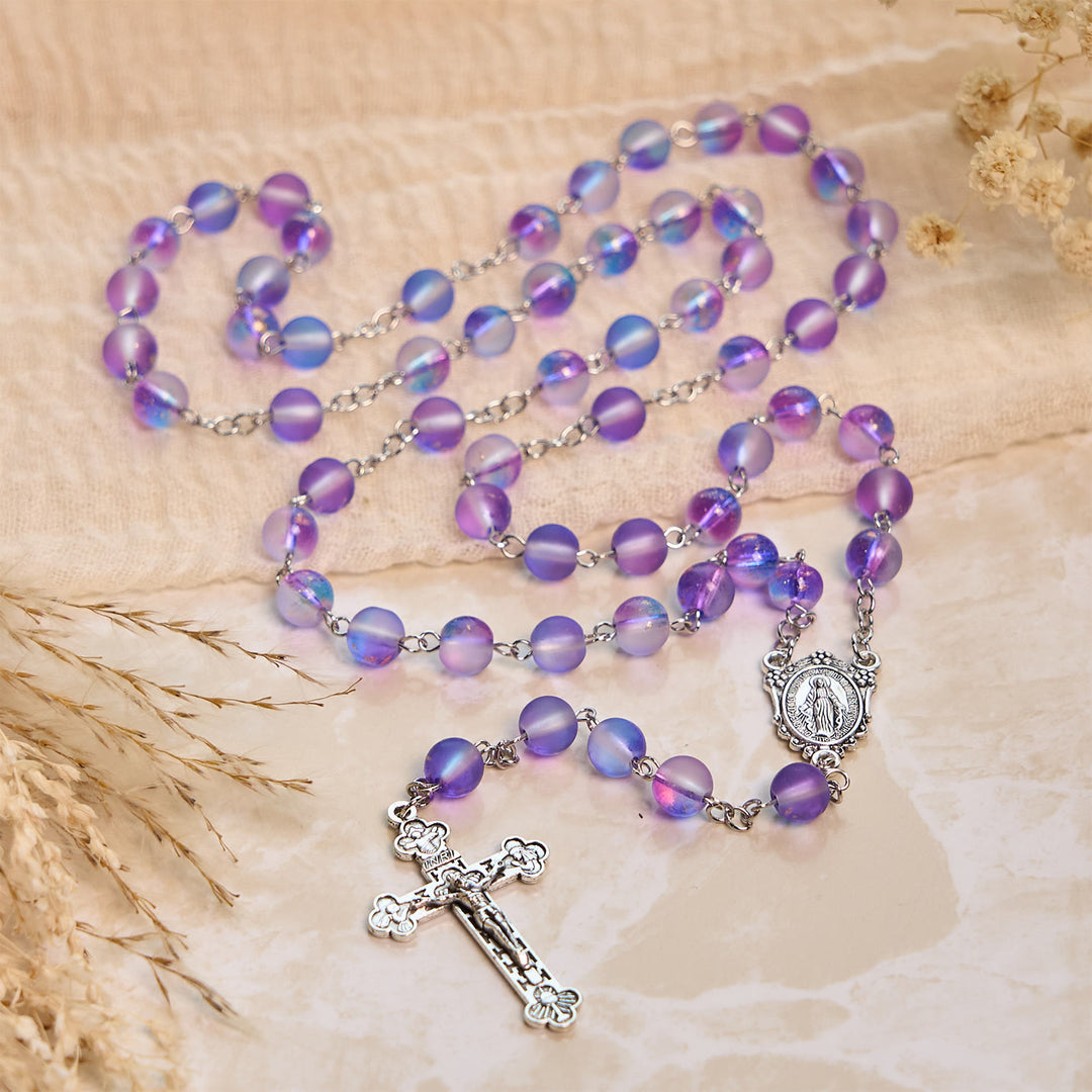 Christianartworkshop Rosario de cuentas de vidrio azul y morado esmerilado adornado con una medalla milagrosa: devoción en forma texturizada. - Azul y morado - image 0