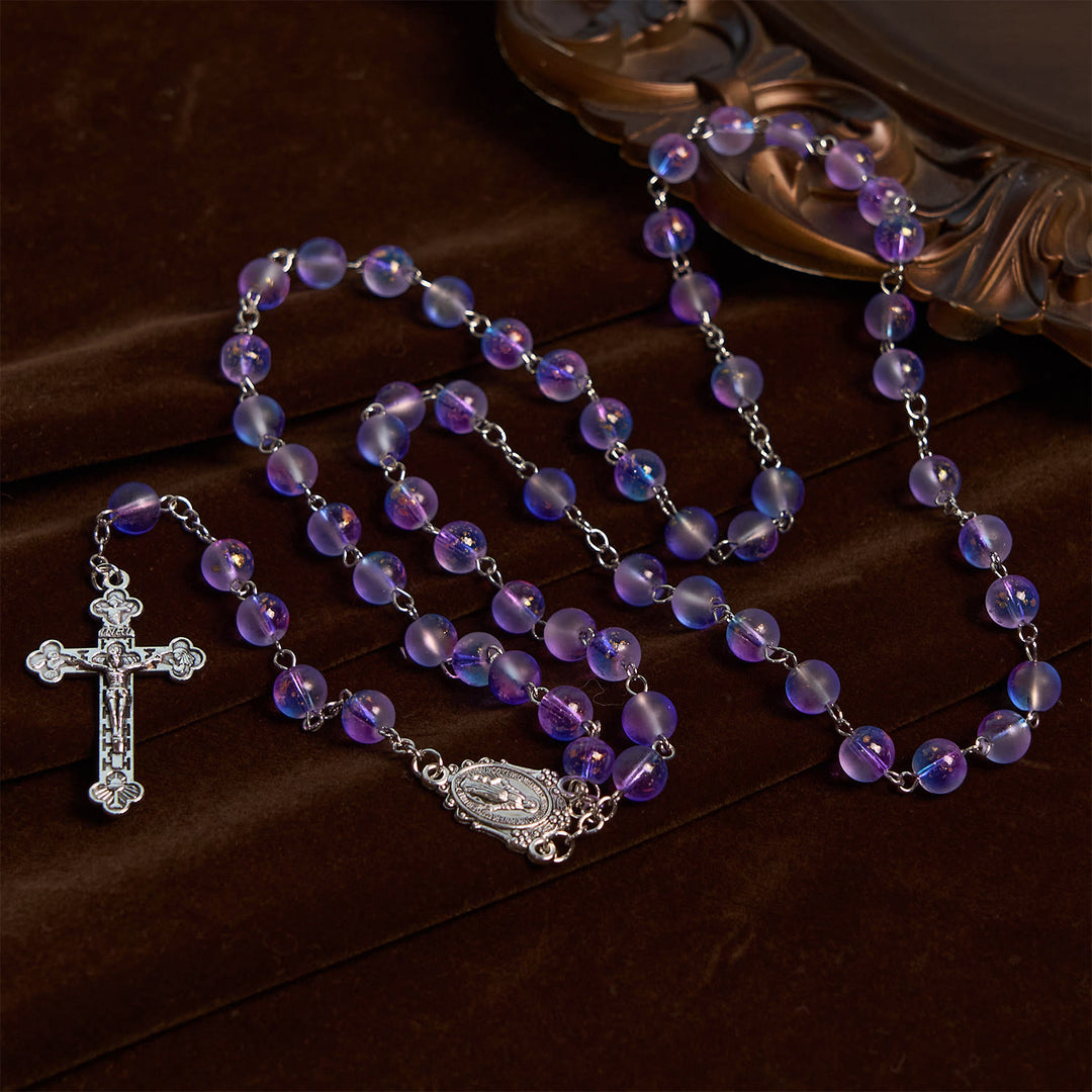 Christianartworkshop Rosario de cuentas de vidrio azul y morado esmerilado adornado con una medalla milagrosa: devoción en forma texturizada. - image 4