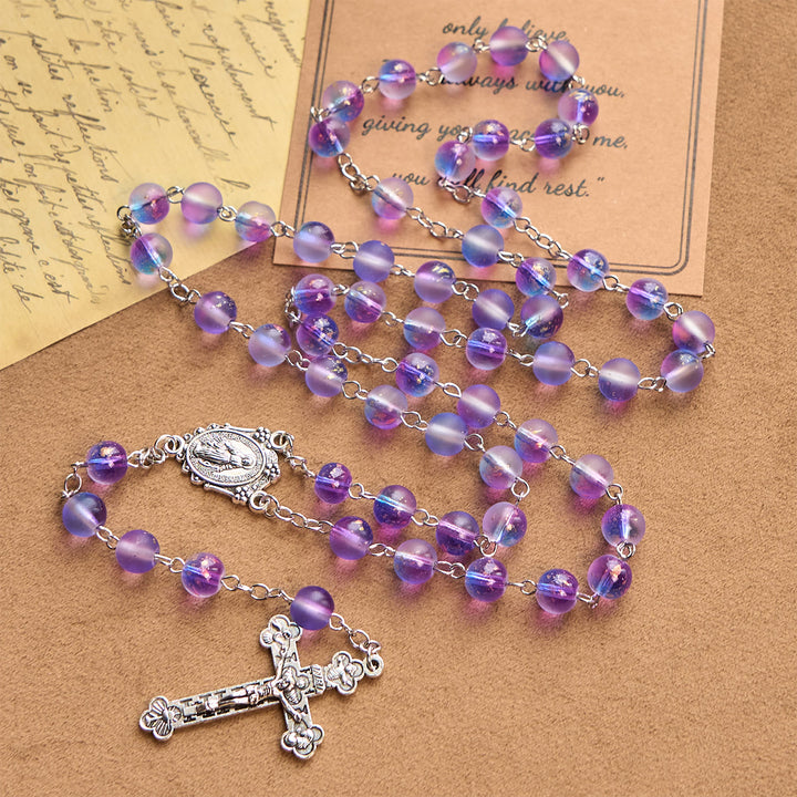 Christianartworkshop Rosario de cuentas de vidrio azul y morado esmerilado adornado con una medalla milagrosa: devoción en forma texturizada. - image 5