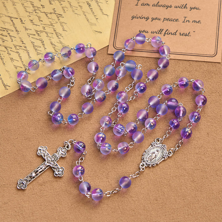Christianartworkshop Rosario de cuentas de vidrio azul y morado esmerilado adornado con una medalla milagrosa: devoción en forma texturizada. - image 1
