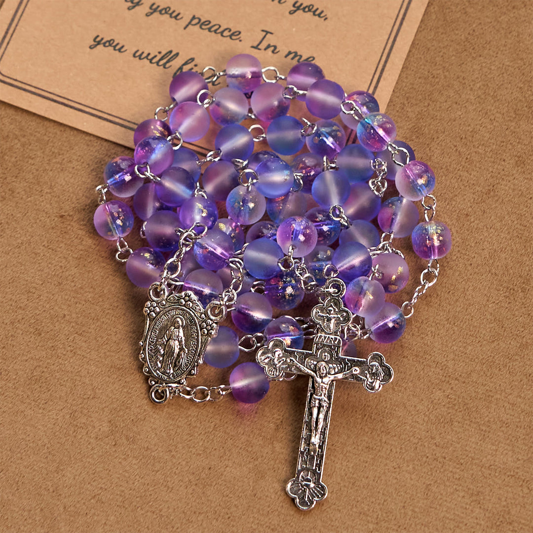 Christianartworkshop Rosario de cuentas de vidrio azul y morado esmerilado adornado con una medalla milagrosa: devoción en forma texturizada. - image 6